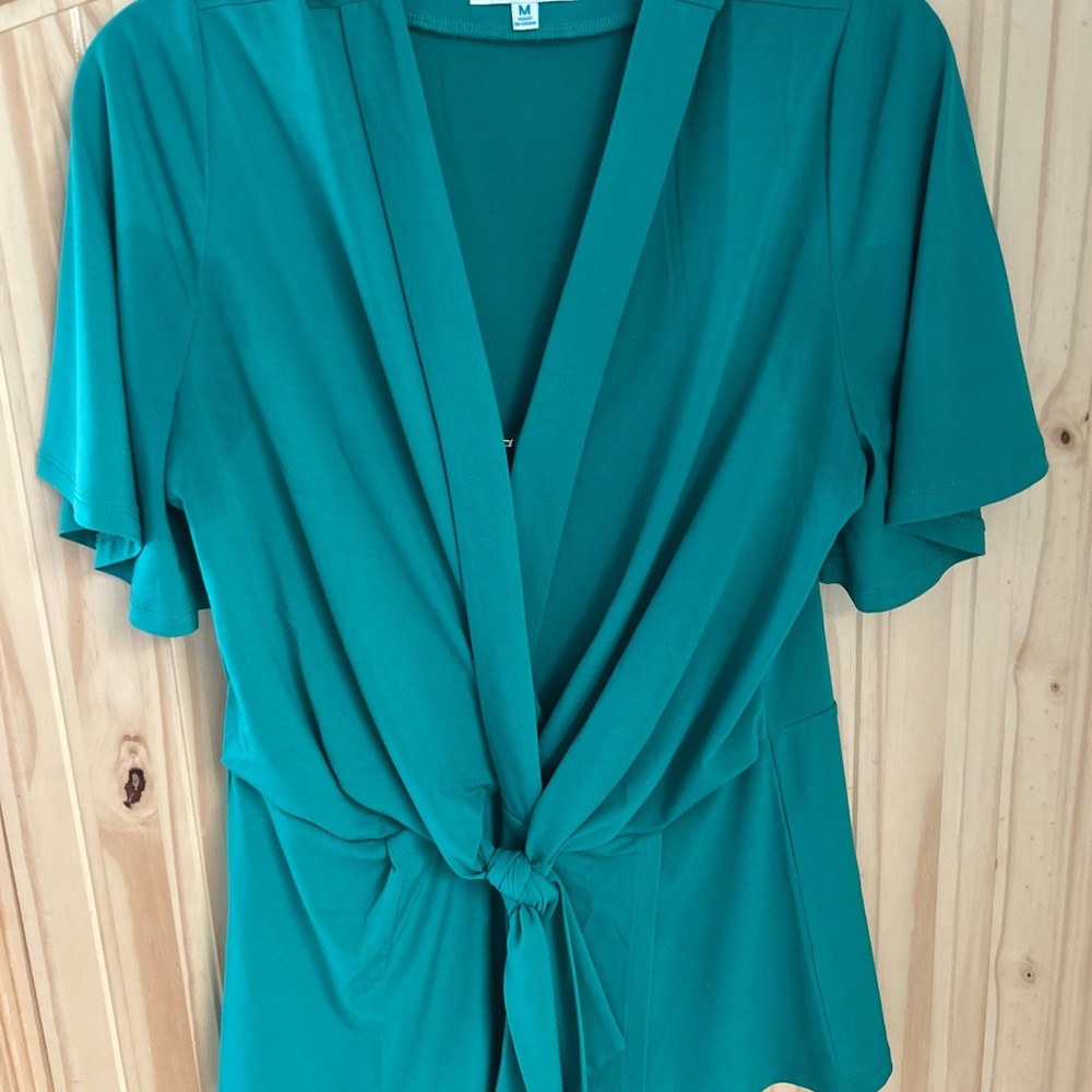 Grace & Lace Green and Blue Flutter Sleeve Blouse with Tie Front